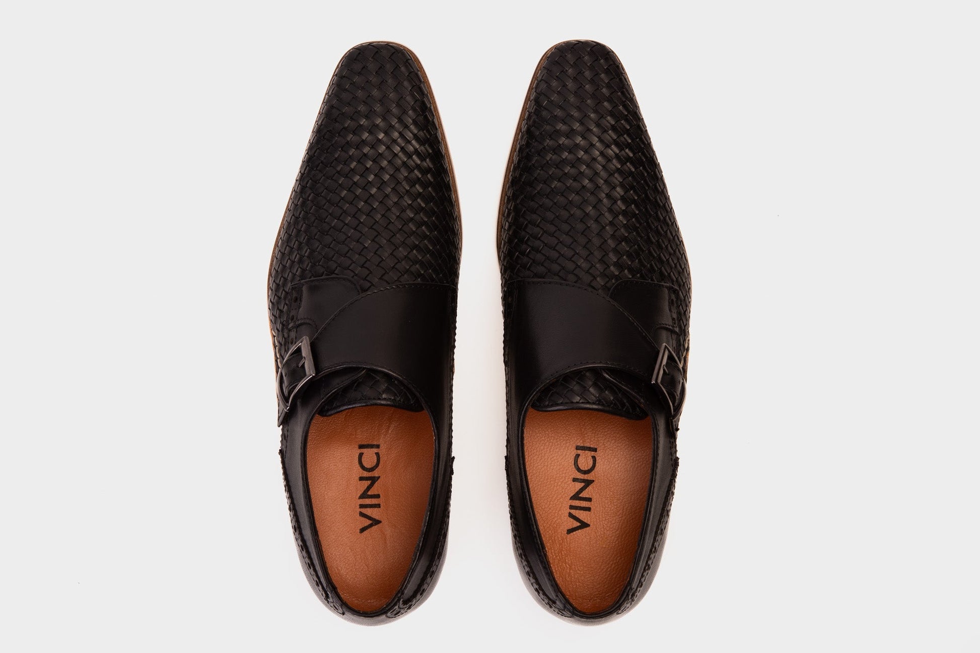 Woven Black Leather Single Monk Strap Handmade Men Shoe