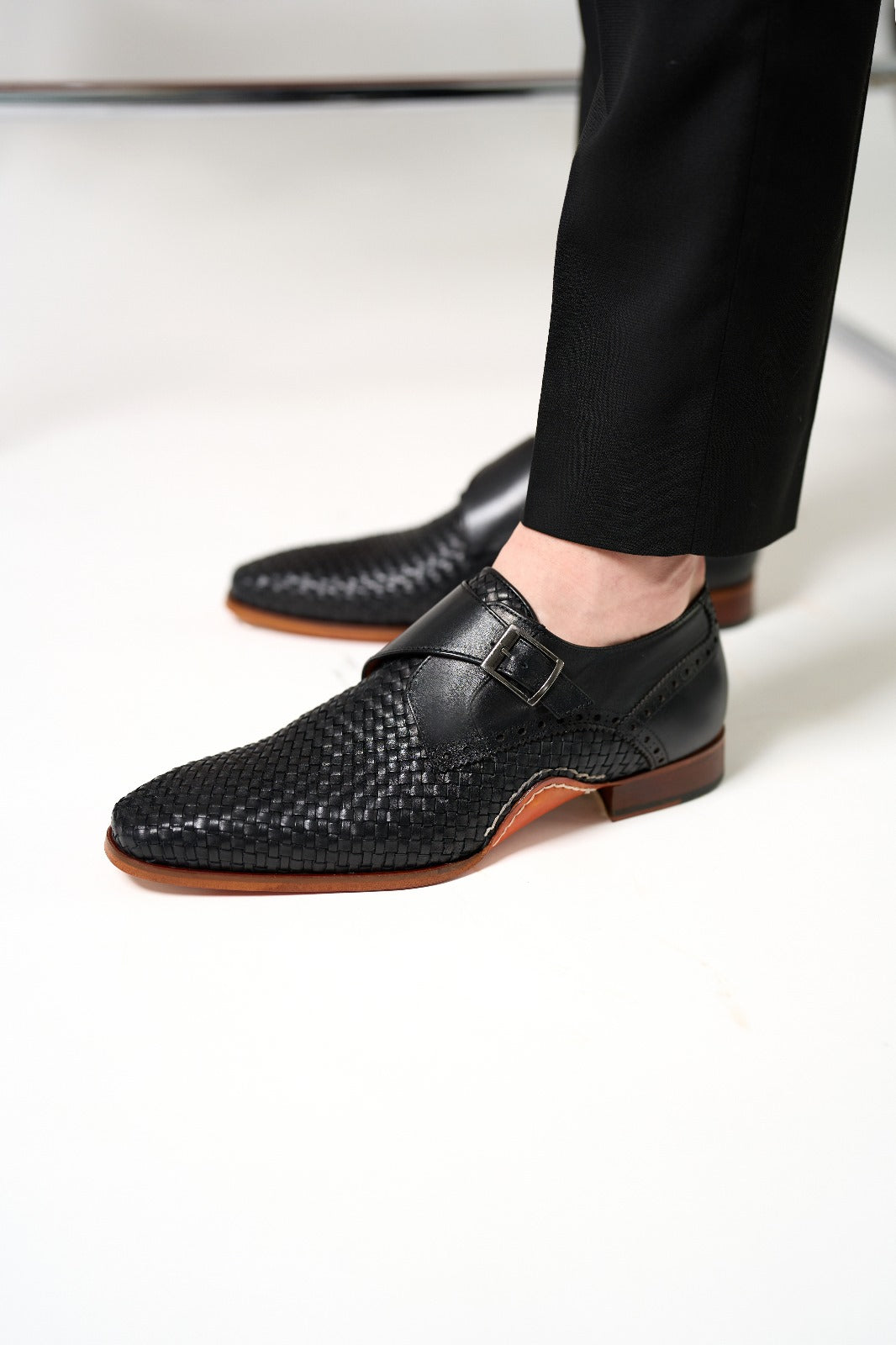 Woven Black Leather Single Monk Strap Handmade Men Shoe