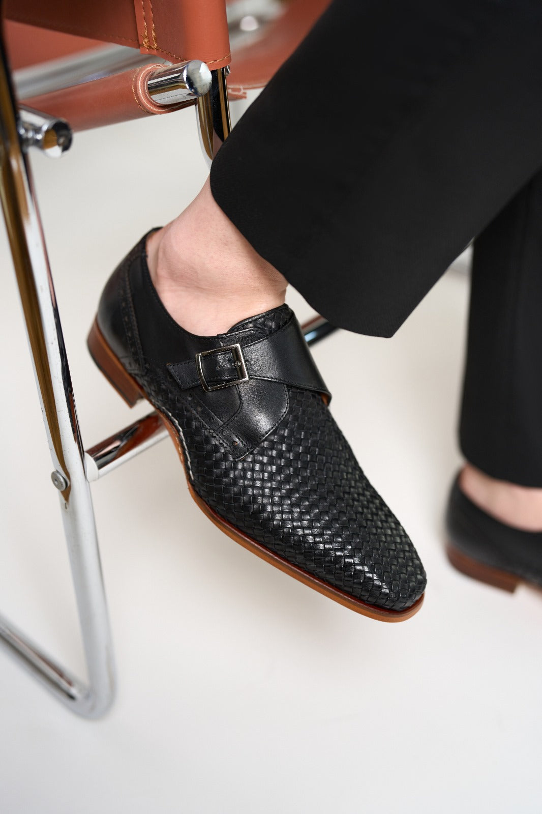 Woven Black Leather Single Monk Strap Handmade Men Shoe