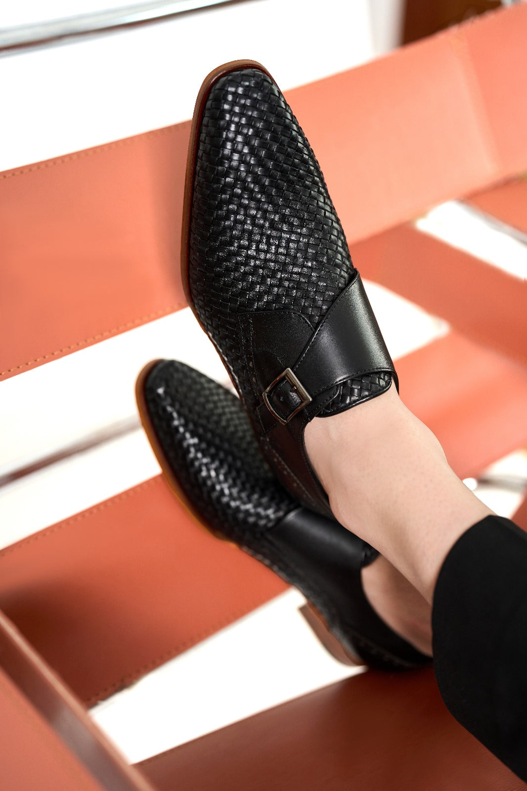 Woven Black Leather Single Monk Strap Handmade Men Shoe