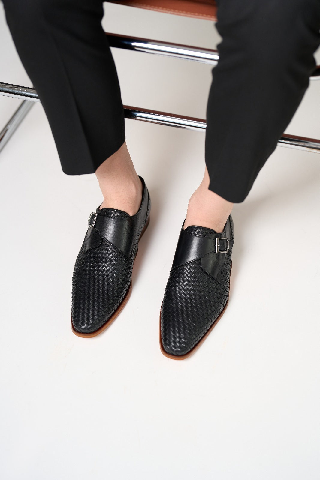 Woven Black Leather Single Monk Strap Handmade Men Shoe