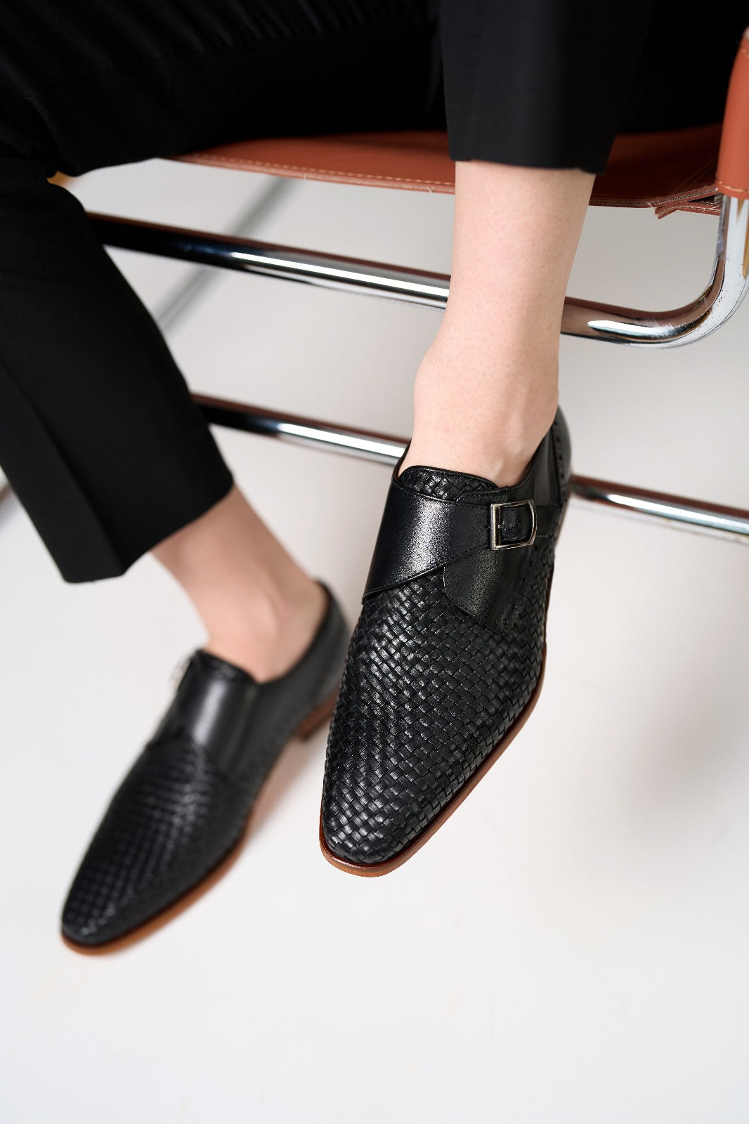 Woven Black Leather Single Monk Strap Handmade Men Shoe