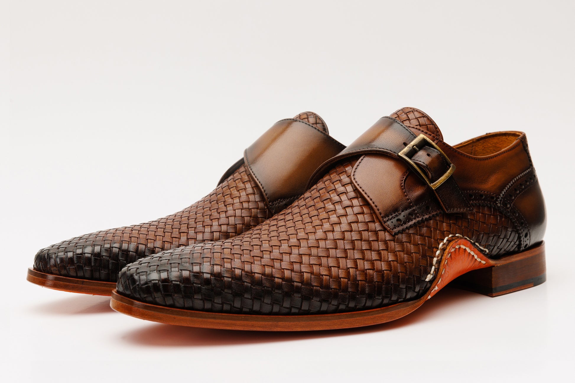 Woven Black Leather Single Monk Strap Handmade Men Shoe