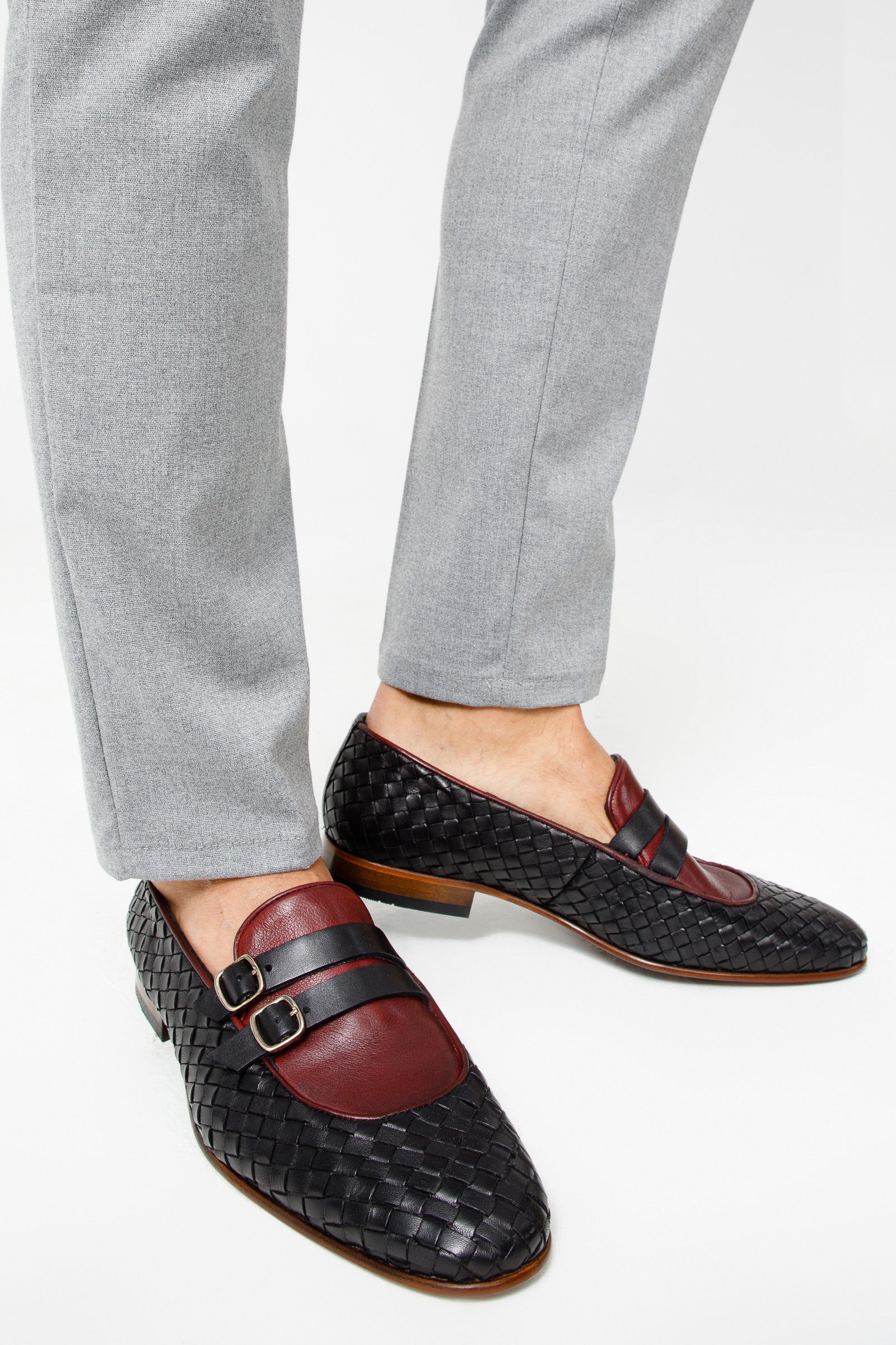 The Vatra Black & Burgundy Woven Double Monk Strap Men Shoe