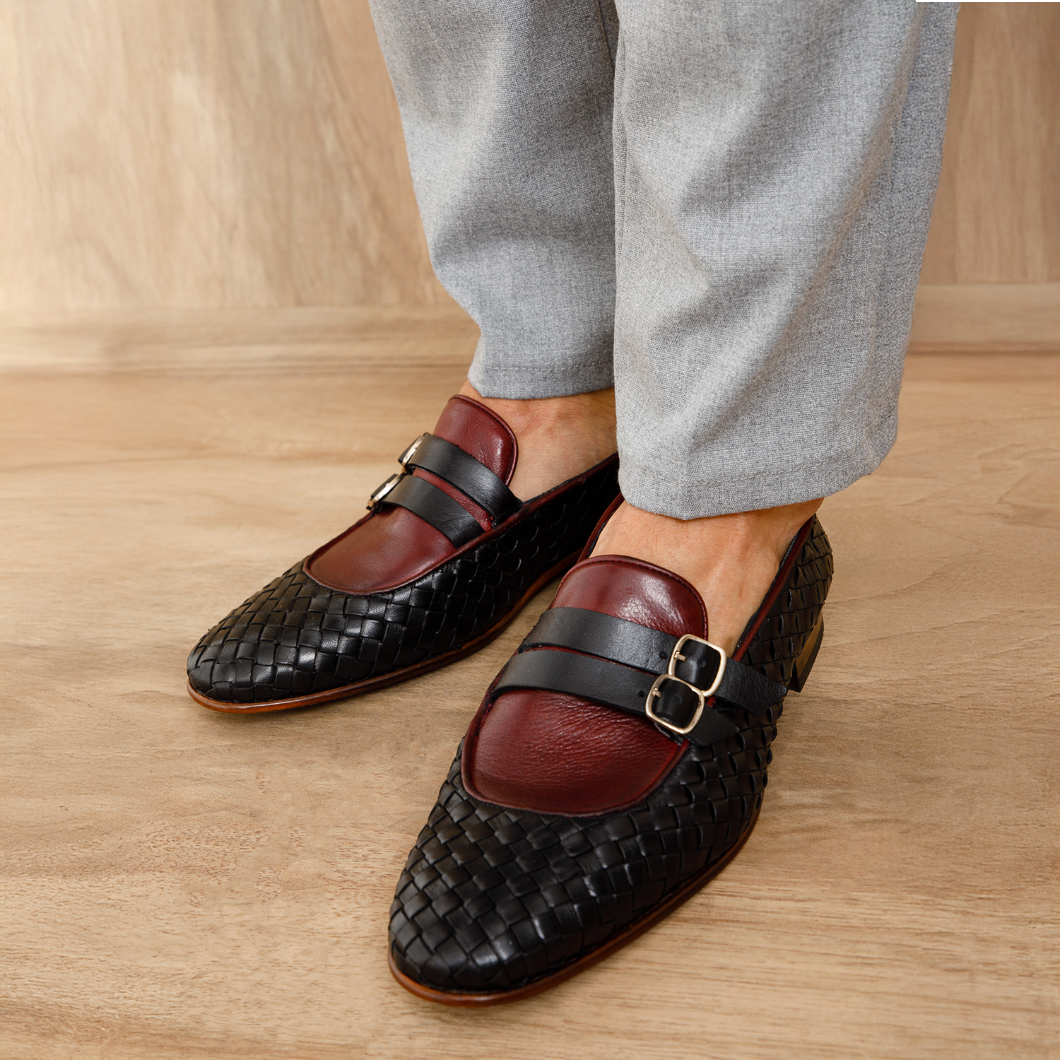 The Vatra Black & Burgundy Woven Double Monk Strap Men Shoe