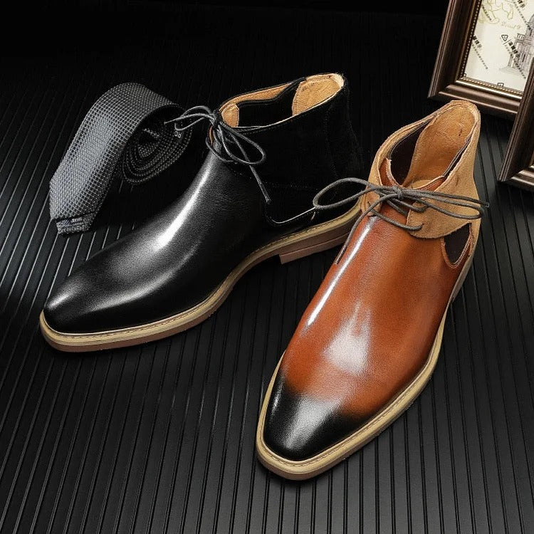 Men's Genuine Leather Brogue Ankle Round Toe Boots