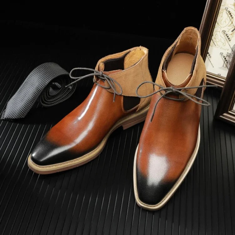 Men's Genuine Leather Brogue Ankle Round Toe Boots