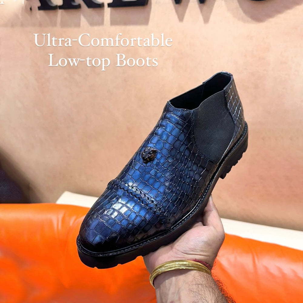 Midnight Blue Crocodile Scaled Low-top Boots