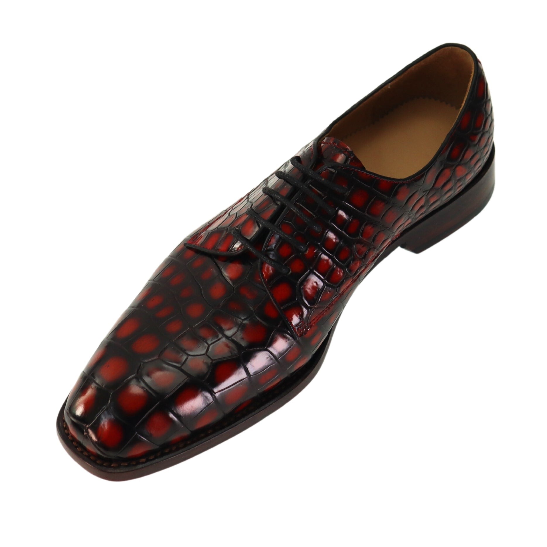 Genuine Alligator Leather Men’s Derby Perforated Lace-Up Dress Shoes Red Patina Alligator