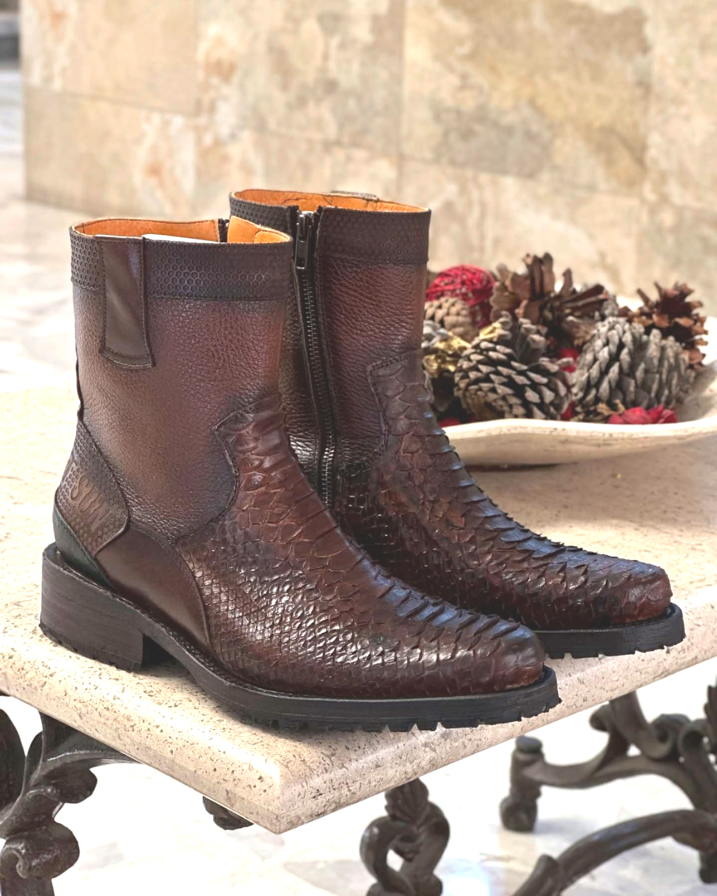 Men's Genuine Leather Python Print Boots With Zipper