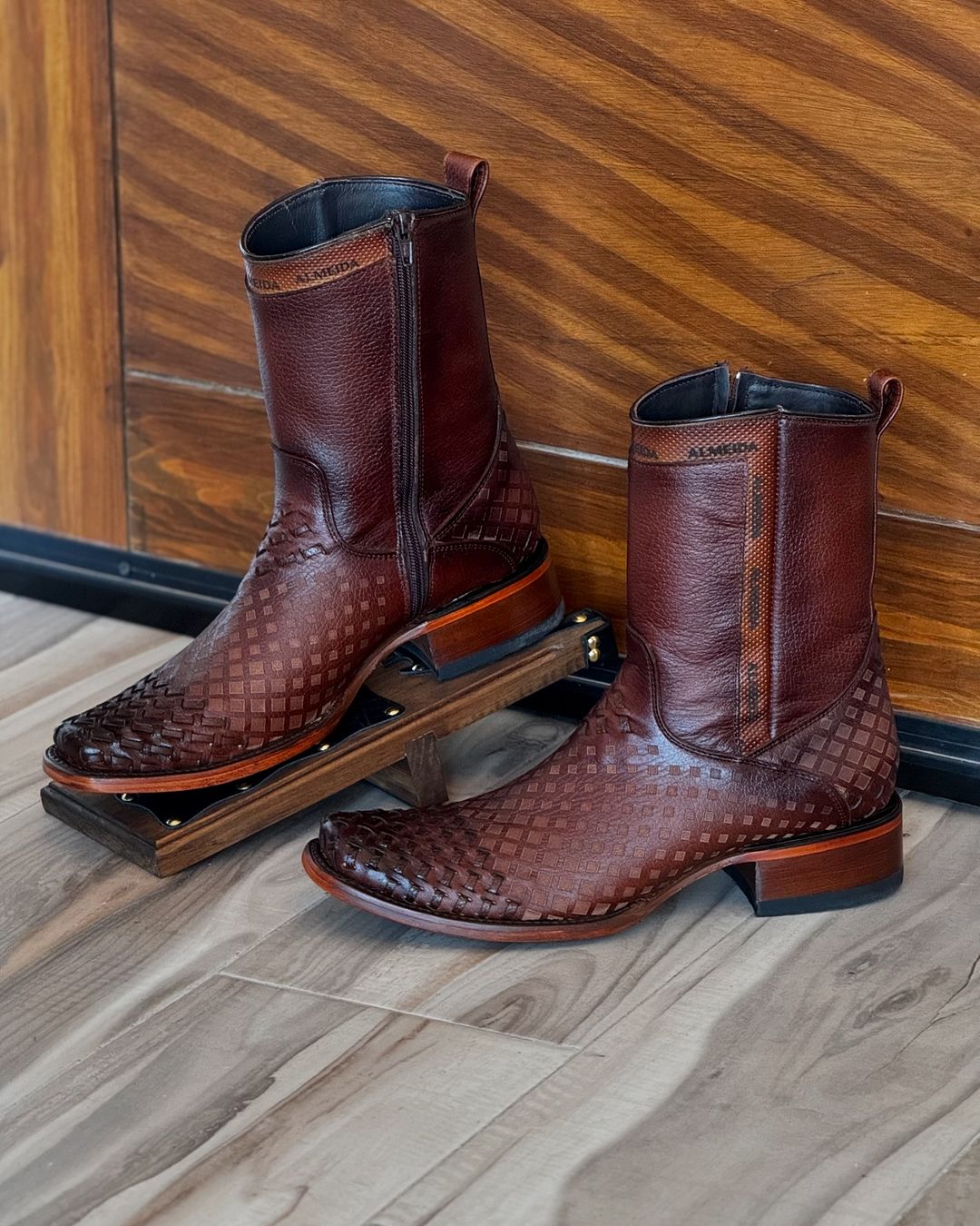 Woven Cowhide Leather Laser Finish Boots