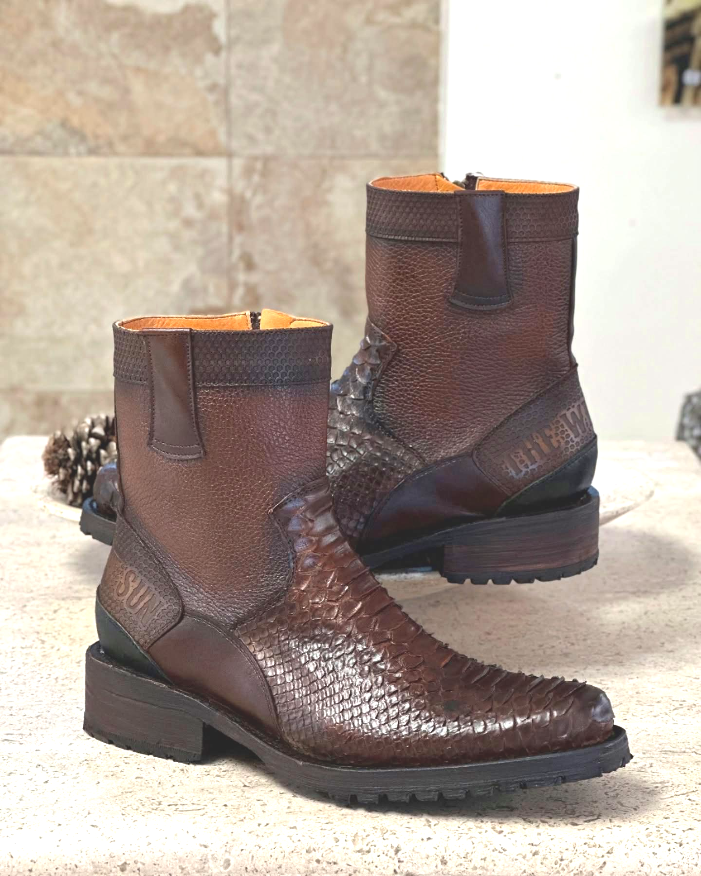 Men's Genuine Leather Python Print Boots With Zipper