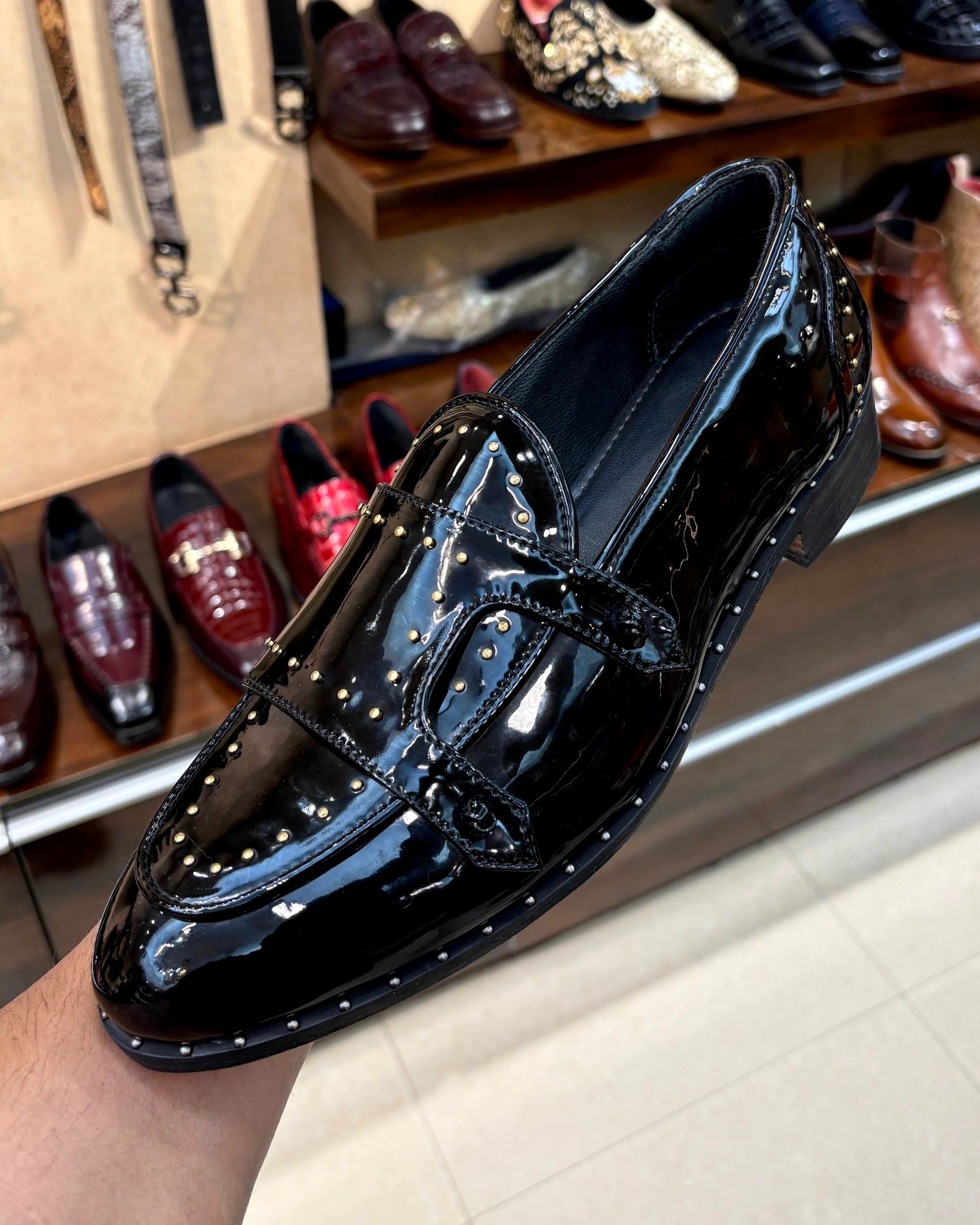 Black Patent Leather Monk Strap Loafers with Gold Rivet Studs