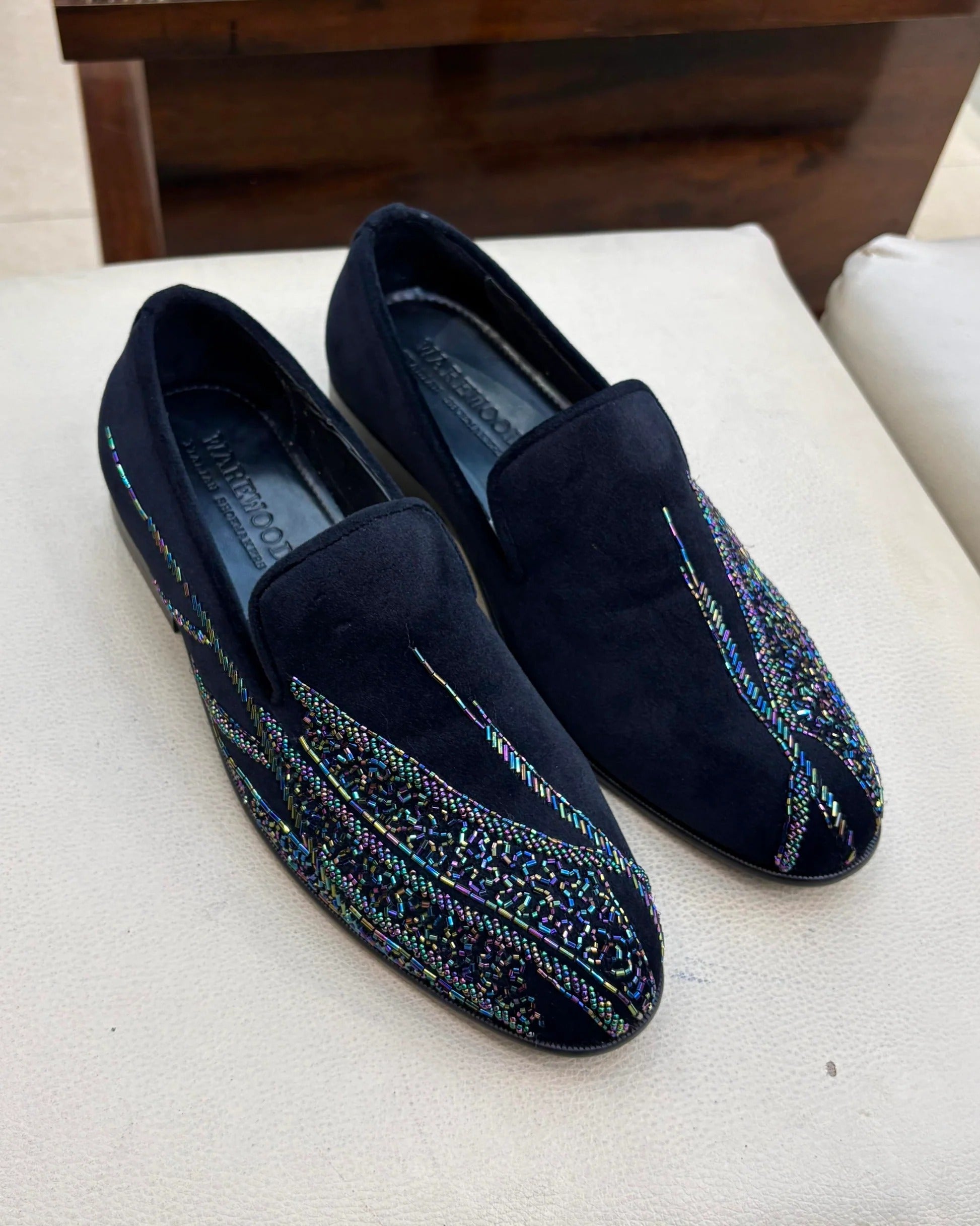 Navy Blue Suede Rainbow Embroidery Loafers