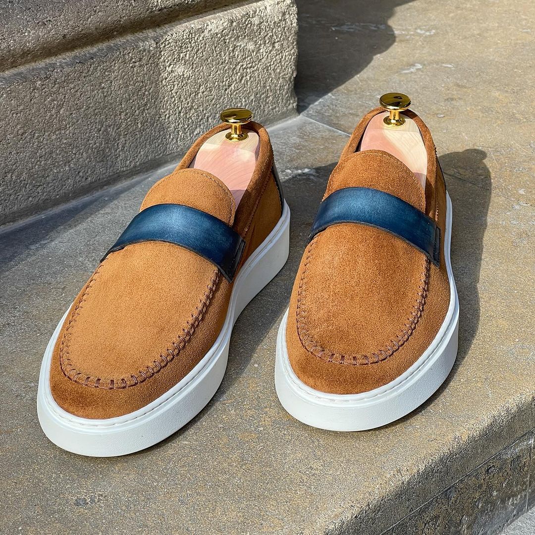 Spring/Summer Loafer - Cognac Suède leather and Blue calf strap and back