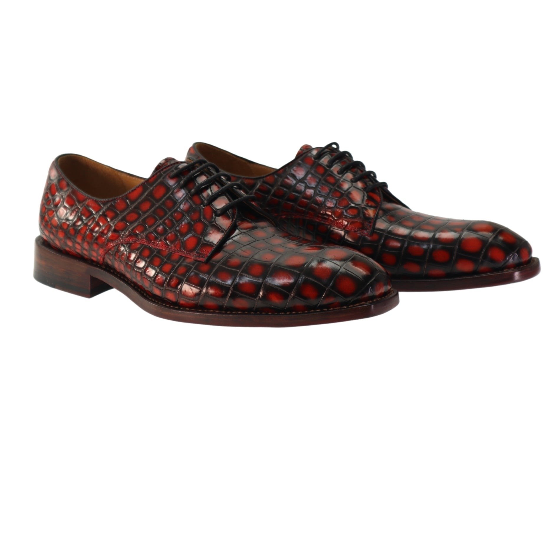 Genuine Alligator Leather Men’s Derby Perforated Lace-Up Dress Shoes Red Patina Alligator