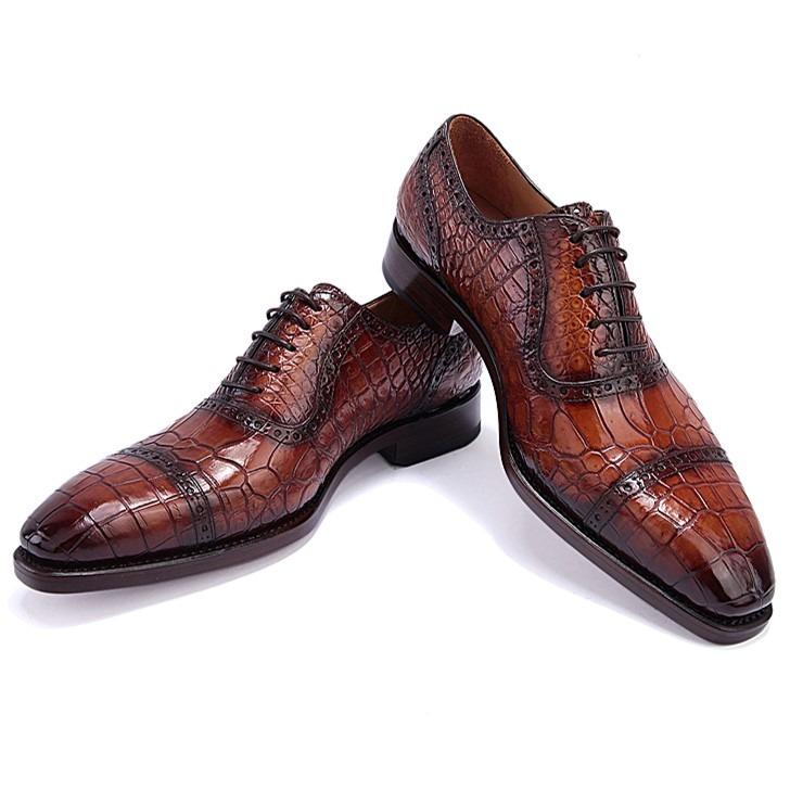 Mens Alligator Leather Cap Toe Lace up Oxford Classic Modern Business Dress Shoes