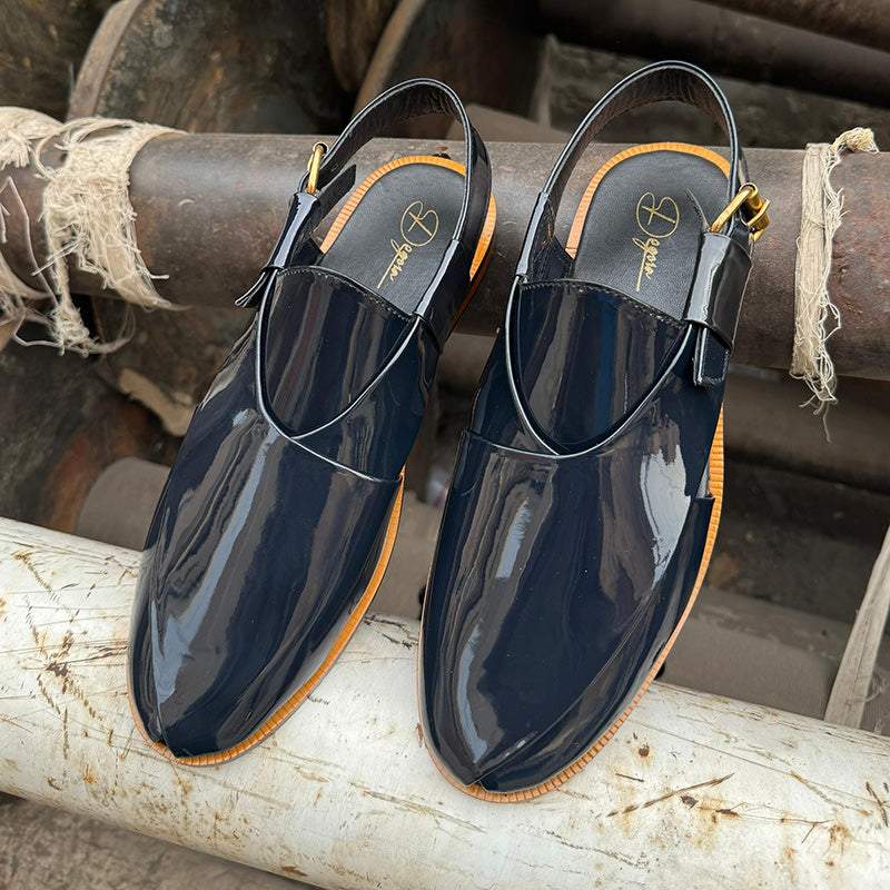 Patent Leather Kheri/Peshawari Chappal Dark Blue Sandals