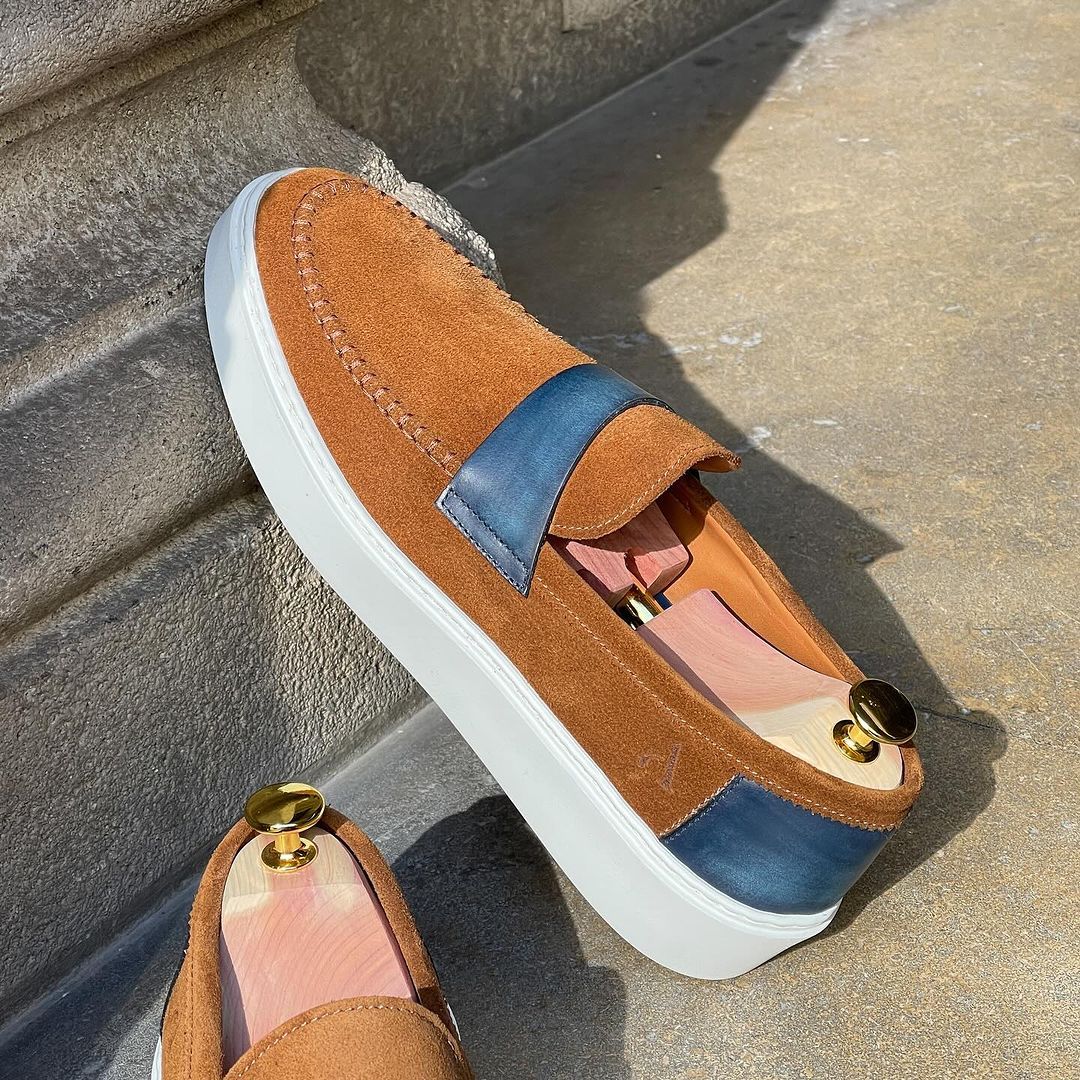 Spring/Summer Loafer - Cognac Suède leather and Blue calf strap and back