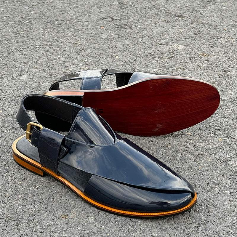 Patent Leather Kheri/Peshawari Chappal Dark Blue Sandals