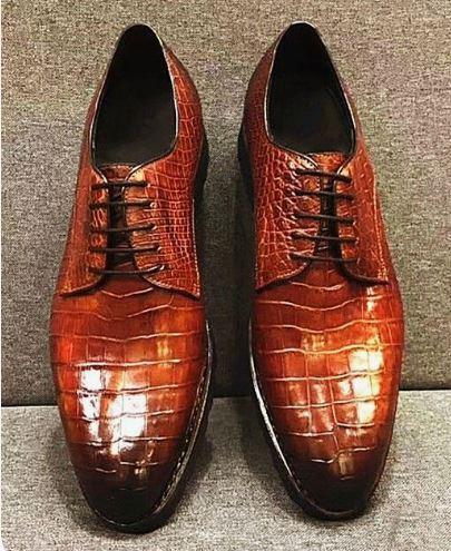 Dark Tan Derby Lace up Dress Crocodile Texture Leather Office Handmade Shoes For Men’s