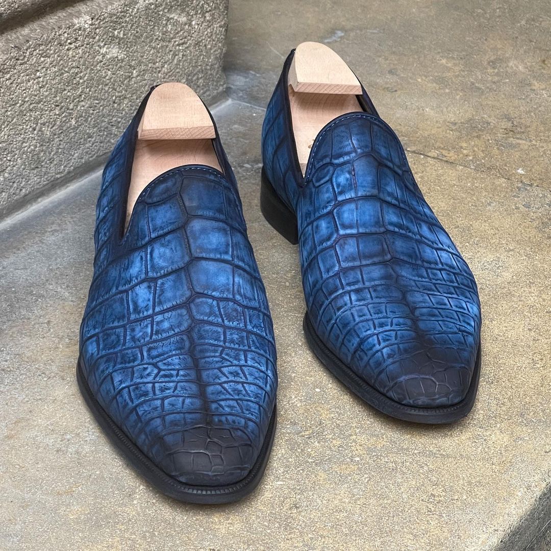 Full Blue Hand-Nabucked Crocodile Loafer